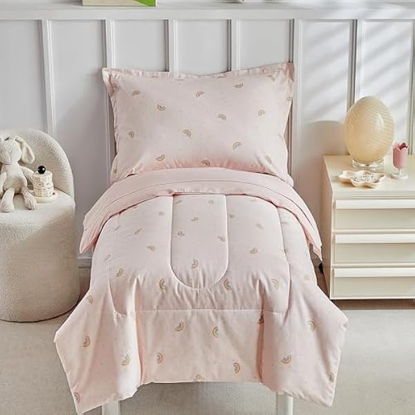 Cotton Toddler Bedding Set for Girls,4 Piece Toddler Bed Sets,Pink Rainbow Pattern Kids Comforter Sheet Set,Includes Quilted Comforter,Fitted Sheet,Top Sheet,and Pillow Case