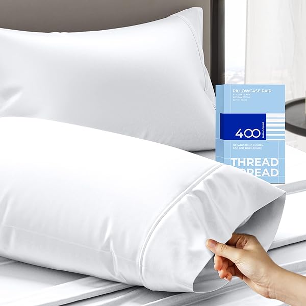 100% Cotton Pillow Cases Queen Size Set of 2 - Luxury 400 Thread Count Queen Pillow Cases (White), Soft Cooling Breathable Hotel Quality Cotton Pillowcases, Fits Standard Pillows