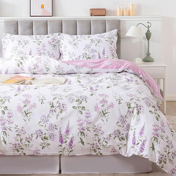 Purple White Floral Duvet Cover Sets Queen 100% Cotton Lilac Lavender Reversible Comforter Cover French Country Bedding All Season Soft Crisp Green Leaves Bed Cover with Zipper 3 Pieces